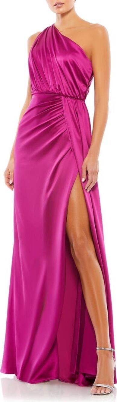 Mac Duggal Pink Gathered One Shoulder Satin Faux Wrap Evening Gown Size 12